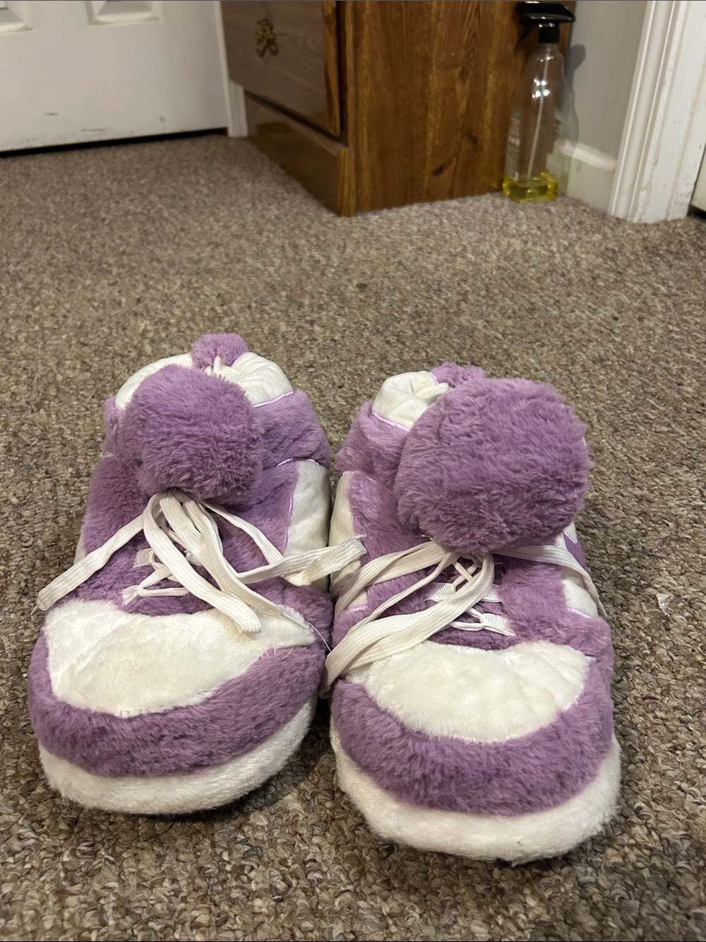 Plush Purple & White Kids Slippers with Pom Pom Accent